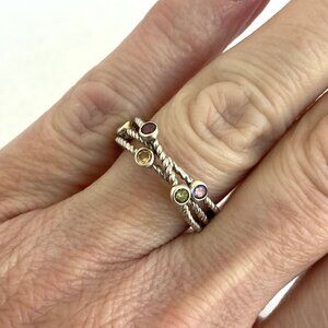Sterling Silver 925 Multi Gemstone Cross Over Twisted Rope Band Ring Sz 7